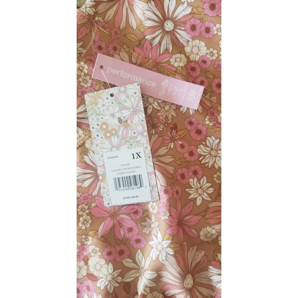 NWT KENSIE PERFORMANCE CARAMEL VINTAGE FLORAL POCKET LEGGING SZ 1X - Picture 5 of 6